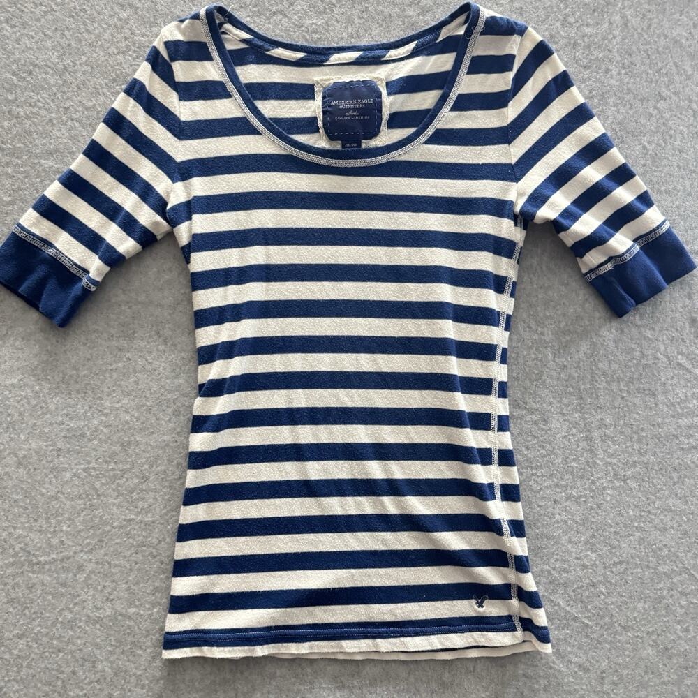 American Eagle Cotton Longline T-Shirt Sz M Blue White Striped Bella Swan Y2K